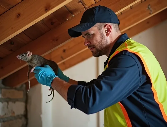 Technician inspecting a roof cavity for a dead rat in Maude